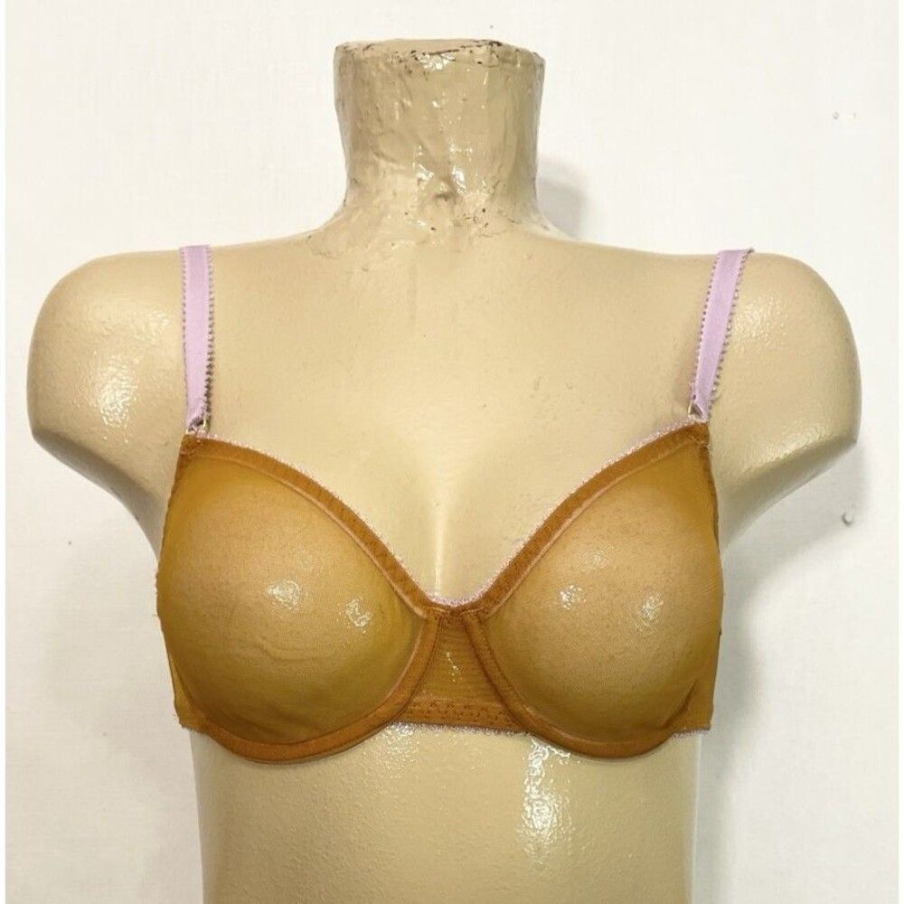 Dora Larson Bra 34 C 34C Beige Sheer Cups Purple Straps Underwires